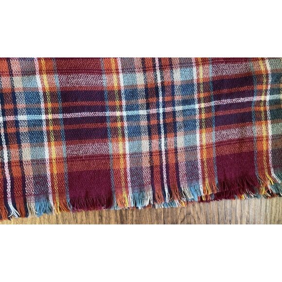Altar'd State Super Soft Maroon Orange Teal Plaid Fringed Wrap Throw Scarf 52x52 - Picture 4 of 7